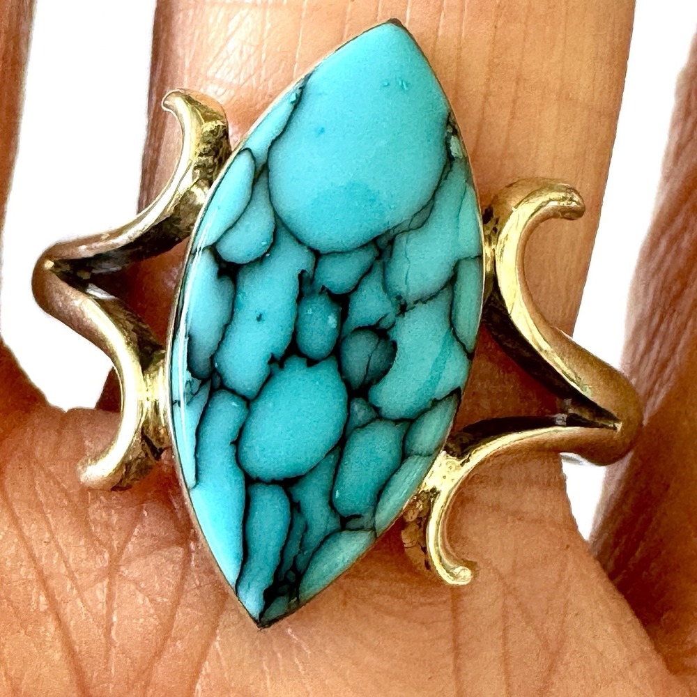 Navajo Turquoise Ring Naja Shape‎ Sz 10 Marquis Signed Castillo Squash Blossom